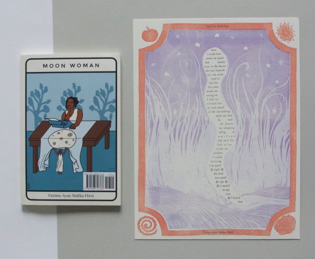 Linocut and letterpress poetry broadside by Rebecca Elliott for Fatima-Ayan Malika Hirsi's chapbook, Moon Woman, featuring an image of a snake flying toward the heavens and Fatima's poem titled 'Impolite Mythology'.